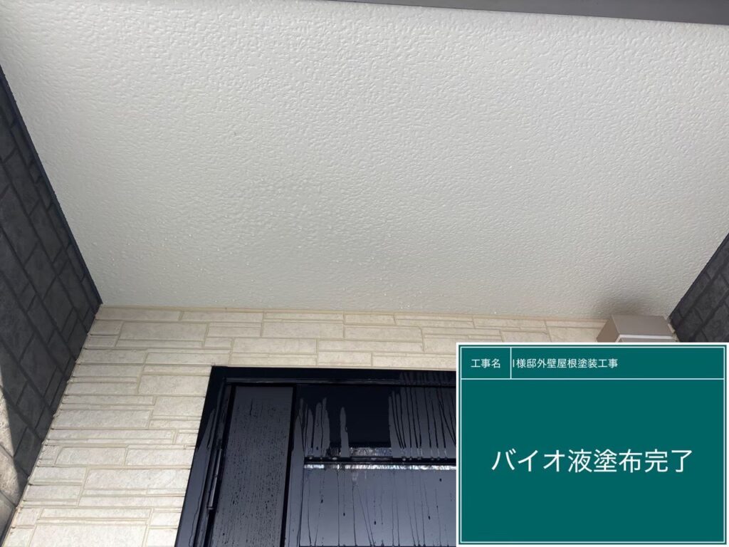 【バイオ液塗布後（反応待ち）】<br />
バイオ洗浄液を全体に行き渡らせた状態です。このまま少し時間を置くことで、こびりついたコケやカビの細胞を芯から分解させ、完全に死滅させます。